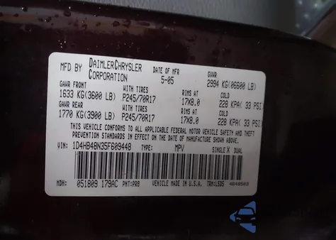 2005 Dodge Durango Slt z USA, uszkodzony, nr VIN 1D4HB48N35F609448